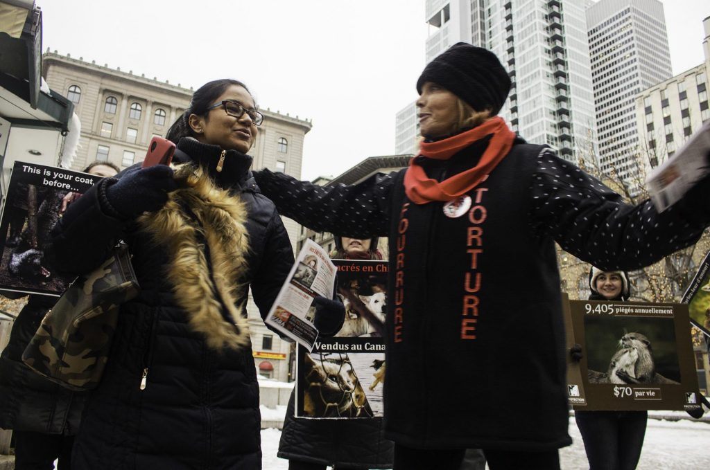 30 janvier 2016. Sur la rue Sainte-Catherine à Montréal, les défenseurs des animaux sont au rendez-vous pour sensibiliser les passants à la façon dont sont fait les manteaux de fourrure. Ici, une des responsables (à droite) avec une passante qui a accepté de jeter la fourrure de son manteau. — Caroline Turbout